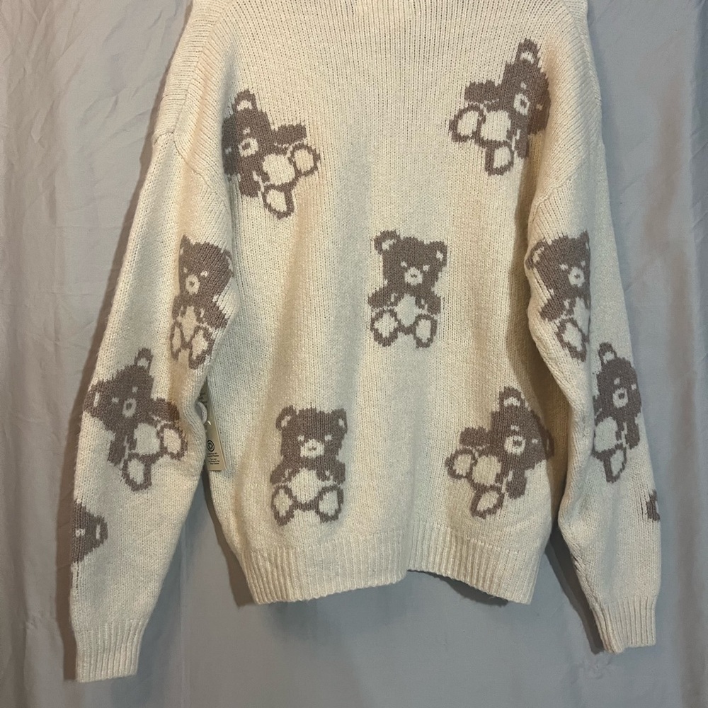 No Boundaries Cream and Brown Bear Cardigan Women’s Oversized XS fits medium - Picture 3 of 7